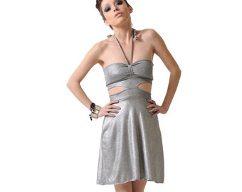 Rita Silver Metallic Cut-Out Mini Dress, Short Mini Dresses, Party Dresses, Metallic Silver Dress, Shiny Dress, Sparkly Dress, Club Dress