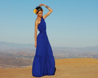 One Shoulder Cinched Waist Maxi Dress, Maxi Dresses, Blue Maxi Dress, One Shoulder Dresses, Blue Dresses, Tiered Dress, Long Dresses