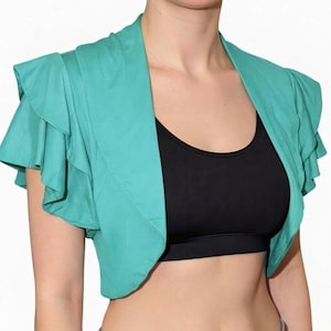 Ruffled Bolero Shrug: Open-Front Cropped Cover-Up, Jersey Rayon Spandex Draped Non-Structured Shrug, Casual Shrug, Casual Wear Shrug