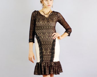 Anne Black Lace and Tan Mini Dress, Lace Dress, Unique Dress, Ruffle Hem Dress, Date Night Dress-Size S