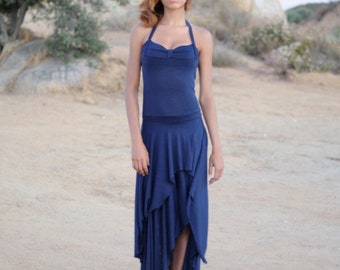 Asymmetrical Drop Waist Halter Double Handkerchief Dress, cinched bust dress, halter dress, asymmetrical dress, summer dress, jersey dress