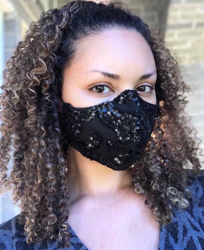 4 Layer Black Floral Design Sequin Glam Face Masks With Etsy
