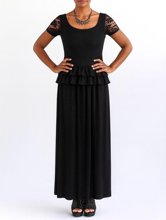 black peplum maxi dress Lace + Satin Peplum Maxi Dress