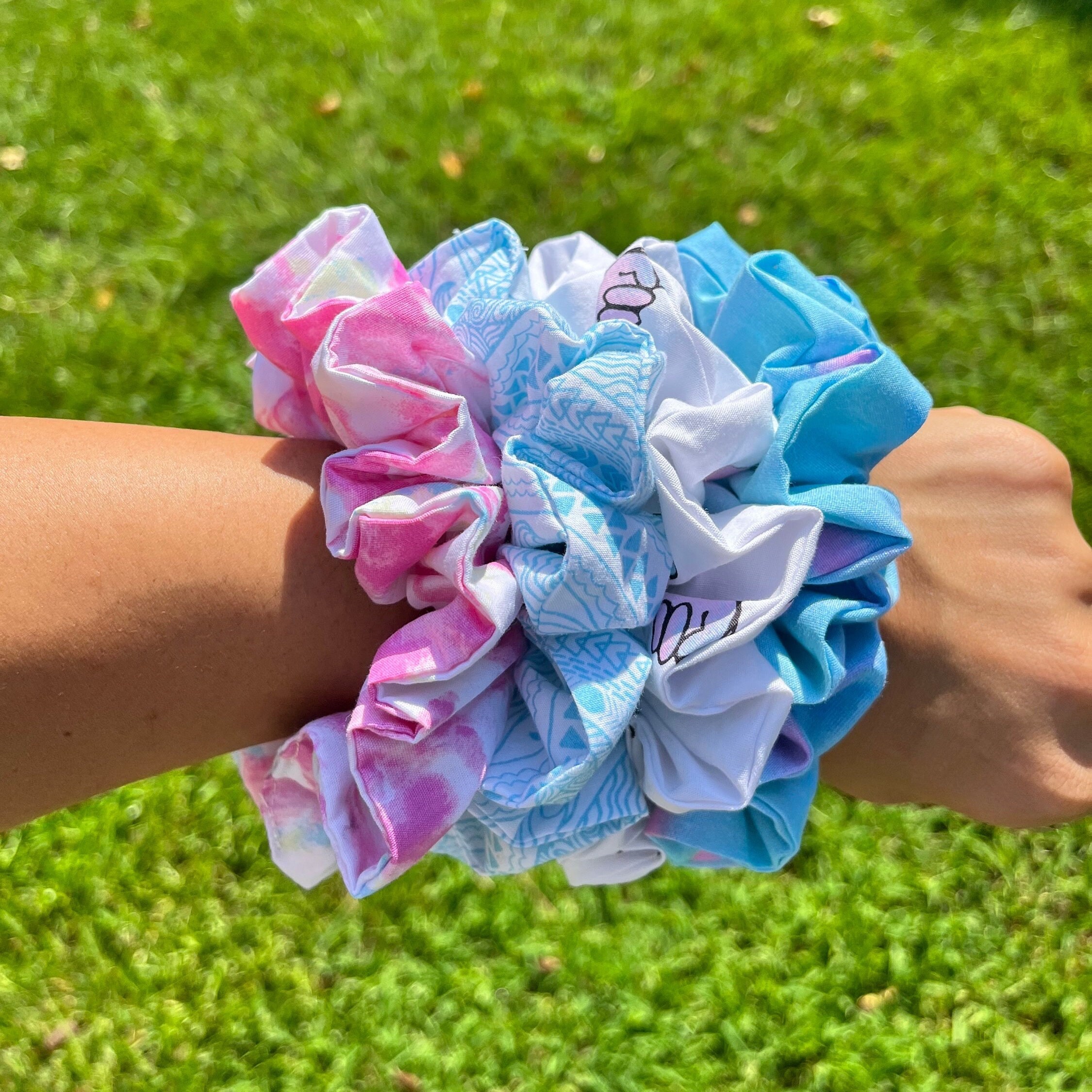 Cotton Scrunchie Set: Pink, Blue, & Tropical Prints - Etsy display picture 1