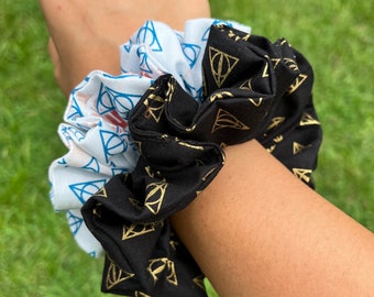 Wizard Scrunchie, theme park scrunchie, top knot scrunchie, hair scrunchie, Deathly triangle scrunchie, scrunchies, 2 set scrunchies