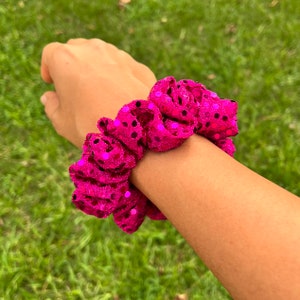 Fuchsia Dotted Foil Scrunchie, cute scrunchies, trendy scrunchies, space bun scrunchies, hair ties, fun scrunchies, pink scrunchies image 3