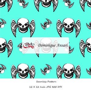 Estampado de calavera alada – Tela estampada estilo gótico punk en color aguamarina neón (descarga digital)