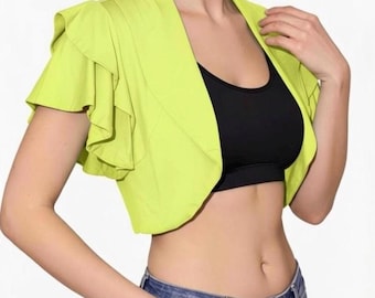 Bolero Ruffle Shrug: Cropped Open-Front Cover-Up, Jersey Rayon Spandex Draped Non-Structured Shrug, Shrug for Casual Wear, Wear for Casual