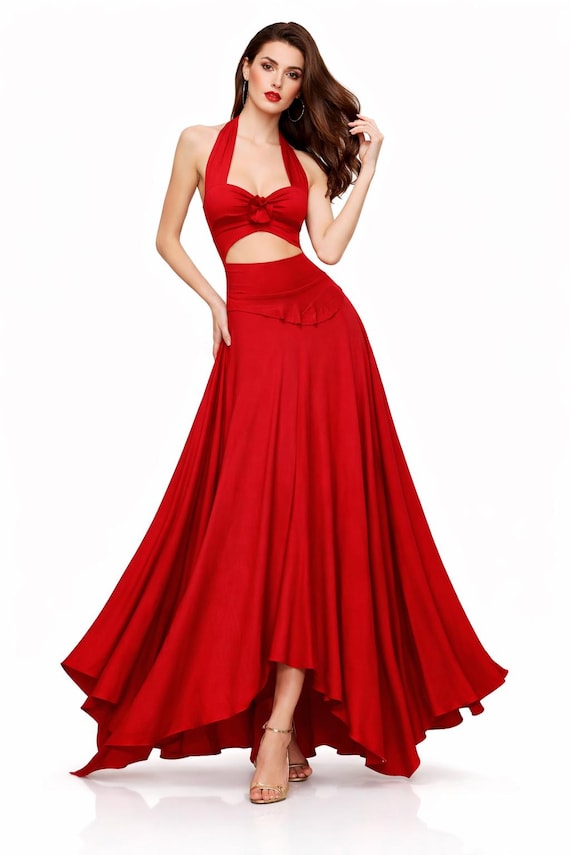 Red Halter Salsa Dress: Cut Out Asymmetrical Hem Dance Dress - Etsy