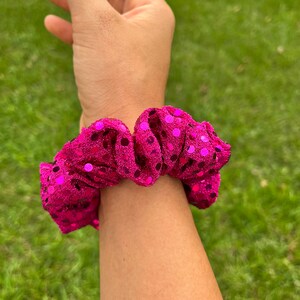 Fuchsia Dotted Foil Scrunchie, cute scrunchies, trendy scrunchies, space bun scrunchies, hair ties, fun scrunchies, pink scrunchies image 6