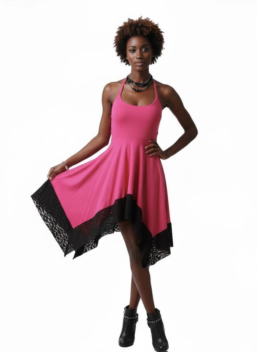 pink handkerchief dress Halter Handkerchief Dress with Lace Hem