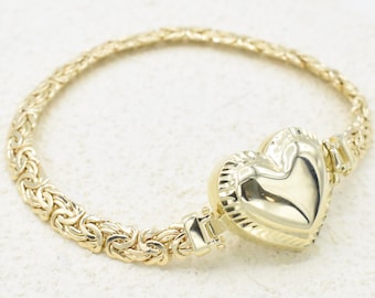 10K Real Gold Hollow Bracelet,6mm 7.5" 10K Yellow Gold Byzantine Chain, Real Gold Heart Bracelet, Hollow Style 10K Bracelet for Women, 10K