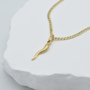 Puede incluir: Un collar de cadena de oro con un pequeño colgante de cuerno de oro. El collar está sobre una superficie blanca.