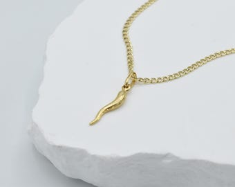 Collar con colgante de cuerno italiano de oro auténtico de 1 quilates, colgante de cuerno, colgante de cuerno italiano Cornicello, amuleto de la buena suerte, conjunto de cadena cubana.