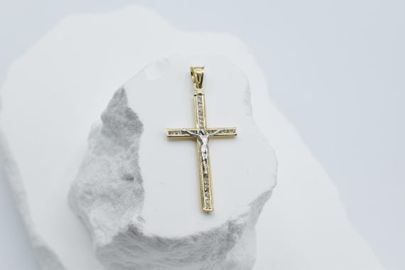 10K Gold Polished CZ Cross Pendant Yellow Gold, 10K Real Gold Jesus Crucifix Pendants Necklace, Cross Pendant, Cross Charm, Cuban Curb Chain