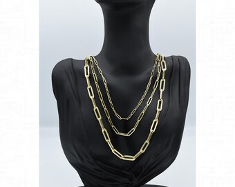 Paper Clip Chain 10K Gold Hollow – Elegant & Lightweight Luxury Paper Clip Long Link Chain Necklace