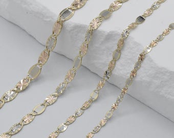 10K Mirror Tricolor Hollow Valentino Chain, 10K Gold Valentino Link Chain Diamond Cut Necklace,TriColor Rose Yellow White Real Gold Chain