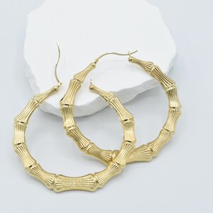 10K Real Gold Bamboo Hoop Earrings, 10k Bamboo Earrings, Graduated Diamond Cut Bamboo Hoop Earrings, 10K Polished Real Gold Earrings
