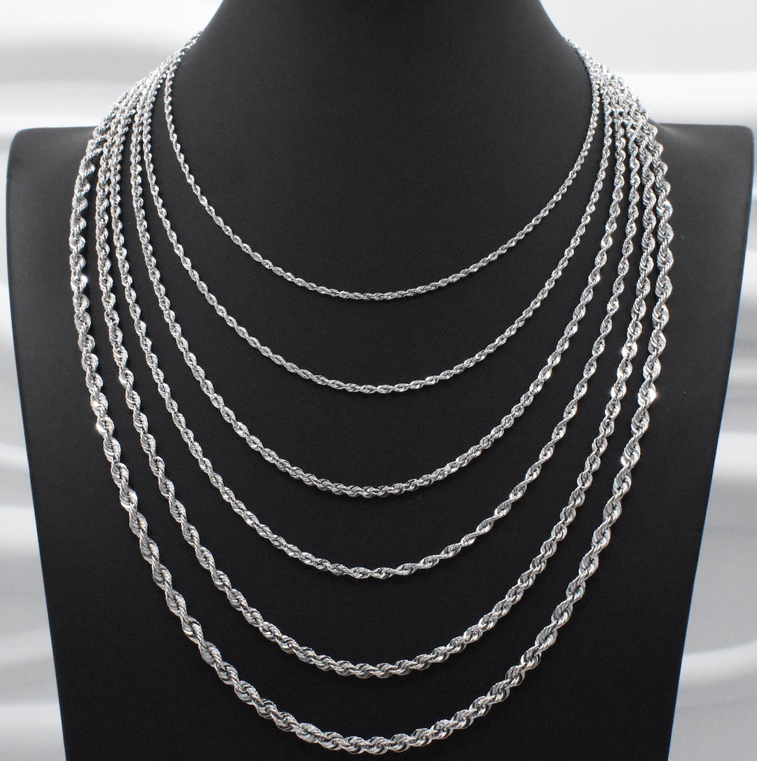 10K Hollow White Gold Rope Chain Necklace, Hollow 10K Rope Chain ...