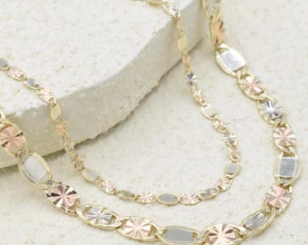 10K Hollow Real Tri Color Gold Mirror Finish Valentino Bracelet, 10K Hollow Gold Chain Bracelet, 10K Gold Women's Statement Bracelet