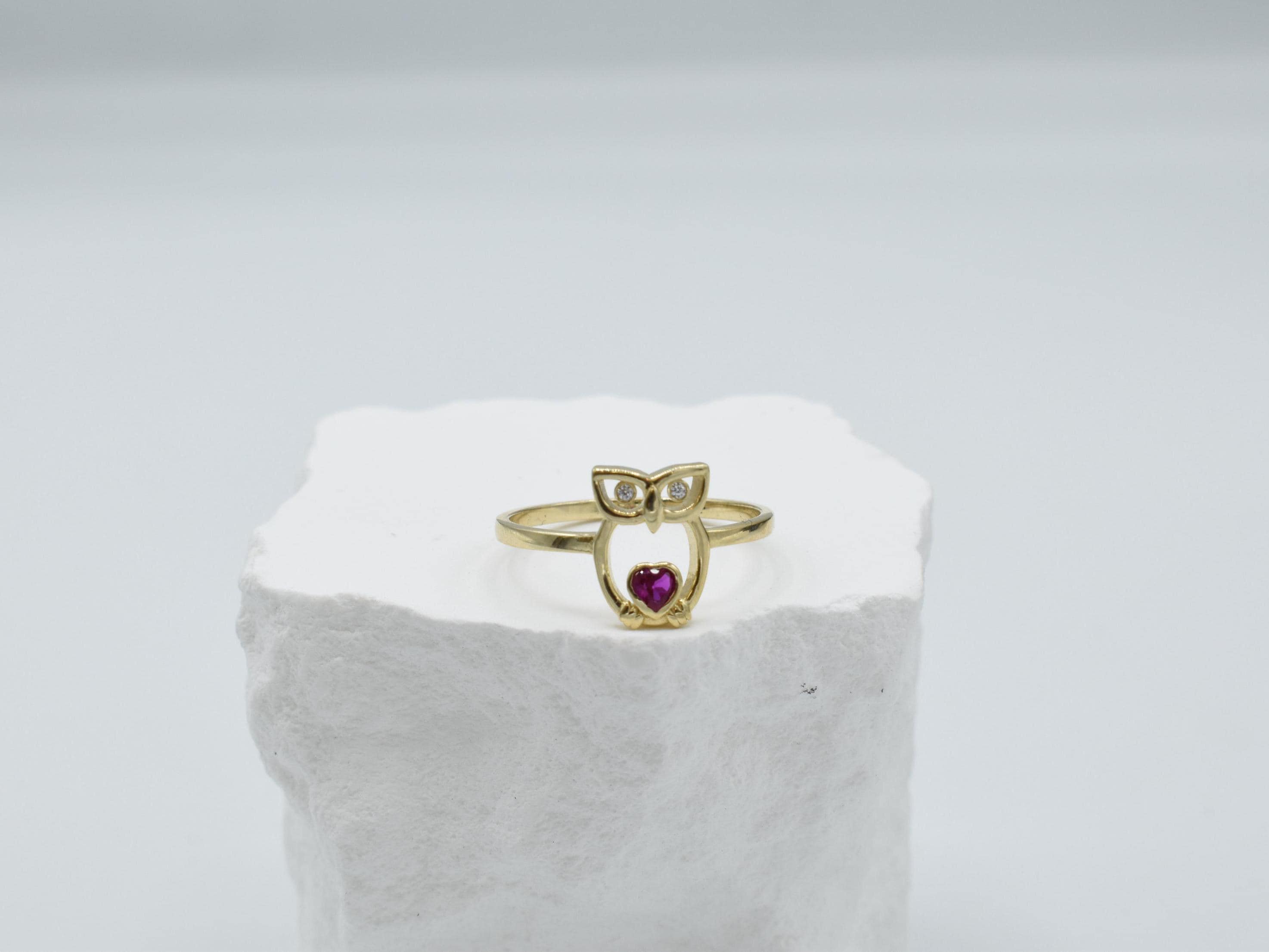 10K Owl Ring, 10K Gold Owl Ring, 10K Real Gold Ring With Red Heart Details, 10K Owl Heart Ring