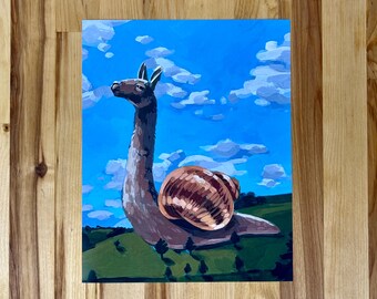 May include: A rectangular art print featuring a surreal illustration of a brown llama with a large, spiraled, tan and brown snail shell on its back. The creature stands on a green rolling hill under a bright blue sky with white clouds.