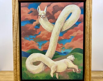 May include: A framed print featuring a surreal illustration of a white llama with an extremely long, winding neck. The llama is set against a landscape of green hills and a vibrant sky filled with swirling red, orange, and blue clouds.