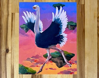 May include: A painting of a large ostrich with dark blue and white wings spread wide, standing on a floating rock. The background features a vibrant sunset sky with shades of pink, orange, and blue, and additional floating islands in the distance.
