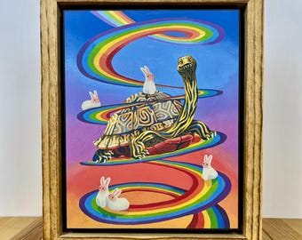 Turtle Rainbow Art Print: Whimsical Wildlife Illustration on Wood Panel, Framed Ready-to-Hang