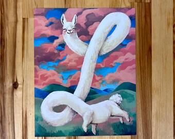 May include: A rectangular art print featuring a white llama with an extremely long, curved neck that loops through the air. The llama stands in a green landscape under a vibrant sky filled with bright blue patches and swirling pink clouds.