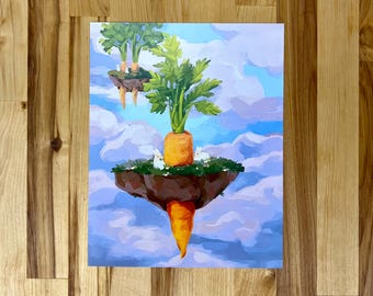 May include: A rectangular art print featuring two floating islands in a blue sky with white clouds. The larger island in the foreground holds a large orange carrot with green leafy tops and two small white rabbits. A second carrot hangs below.
