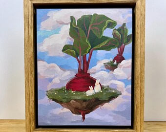 Beet Bunny Art Print: Whimsical Wildlife Illustration on Wood Panel, Framed Ready to Hang