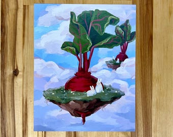 May include: A painting of a large red beet with vibrant green leaves growing on a floating island in a blue sky with white clouds. Two small white rabbits sit on the grassy surface of the island, and a smaller beet island floats nearby.