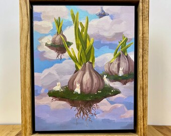 Garlic Bunny Art Print: Whimsical Wildlife Illustration on Wood Panel, Framed Ready to Hang