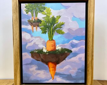 Carrot Bunny Art Print: Whimsical Wildlife Illustration on Wood Panel, Framed Ready to Hang