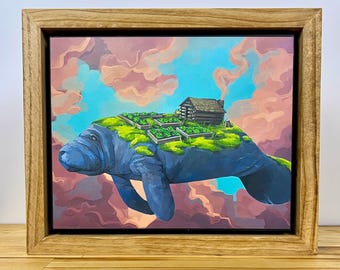 Manatee Garden Art Print: Whimsical Wildlife Illustration on Wood Panel, Framed Ready to Hang