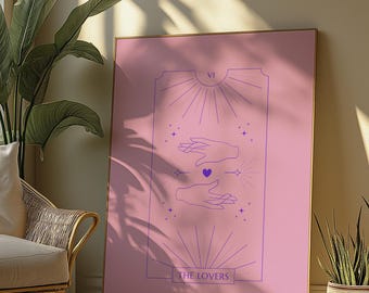 Póster minimalista de Tarot, arte de la carta de los amantes, decoración espiritual de pared, decoración celestial bohemia para el hogar, impresión del Tarot de los amantes, impresión digital vintage
