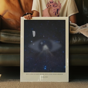 Op de afbeelding: Een ingelijste kunstdruk met een surrealistisch oogontwerp tegen een sterrenhemel. De print bevat de quote "WHO LOOKS OUTSIDE DREAMS, WHO LOOKS INSIDE AWAKENS" van Carl Jung, in een minimalistische stijl.