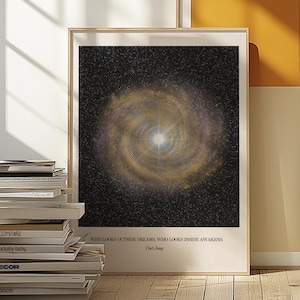 Póster con cita de Carl Jung: arte mural en espiral cósmica | Impresión inspiradora | Trabajo de sombra | Recordatorio del alma | Arte mural espiritual | Decoración del hogar boho.