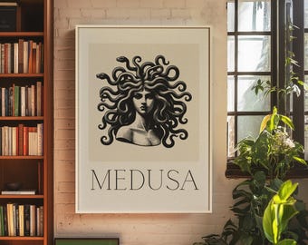 Ilustración de Medusa | Decoración femenina oscura | Arte de la mitología griega | Arte de la diosa oscura | Póster de arte con sombras | Decoración de altar | Diosa griega