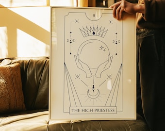 Lámina de la carta del Tarot de la Suma Sacerdotisa – Arte de pared femenino del Tarot | Póster minimalista de bruja | Arte de pared bohemio espiritual | Arte divino femenino