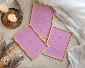 Set de arte mural de tarot: La Emperatriz, la Fuerza y Los Enamorados | Láminas de arte lineal rosa | Decoración espiritual femenina | Paquete de pósteres minimalistas