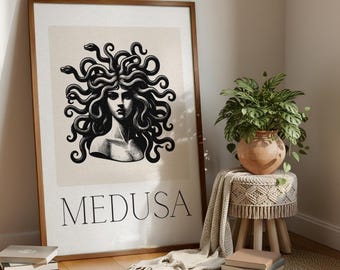 Arte mural de Medusa | Arte feminista de estilo vintage | Decoración mural mitológica | Lámina de la diosa de la sabiduría | Furia femenina | Arte de la diosa en linograbado
