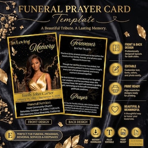 May include: A funeral prayer card template featuring a black and gold design. The front displays a portrait, the text In Loving Memory, and service details. The back includes a prayer and memorial text. Icons indicate features like 3x5 inches size.