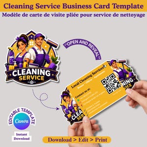 Cleaning Service Business Card Template | Folded Gatefold Pop Up Die Cut Canva | QR Code Editable Maid Housekeeper Janitorial Card