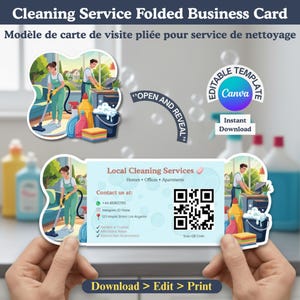 May include: A folded business card for a cleaning service. The card features illustrations of cleaning staff and supplies. The text includes "Local Cleaning Services," contact information, and a QR code. The card is held by hands.