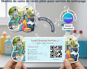 Cleaning Service Folded Business Card Template | Pop-Up Gatefold QR Code | Die Cut Card Canva
