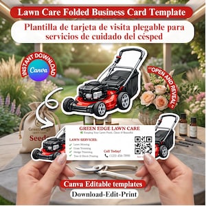 May include: A folded business card template for lawn care services featuring a red and black lawn mower graphic, a QR code, and text listing services like lawn mowing, hedge trimming, and tree pruning, with contact information and a phone number.