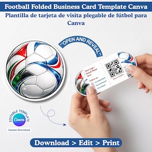 May include: A folded business card template featuring a football graphic with red, blue, and green accents. The card includes a QR code, placeholders for a logo, brand name, phone number, and website, with the text Open and Reveal printed.