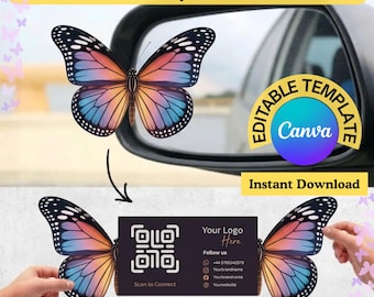 Biglietto da visita pieghevole personalizzato con farfalla / Modello Canva modificabile / Codice QR fustellato / Download digitale